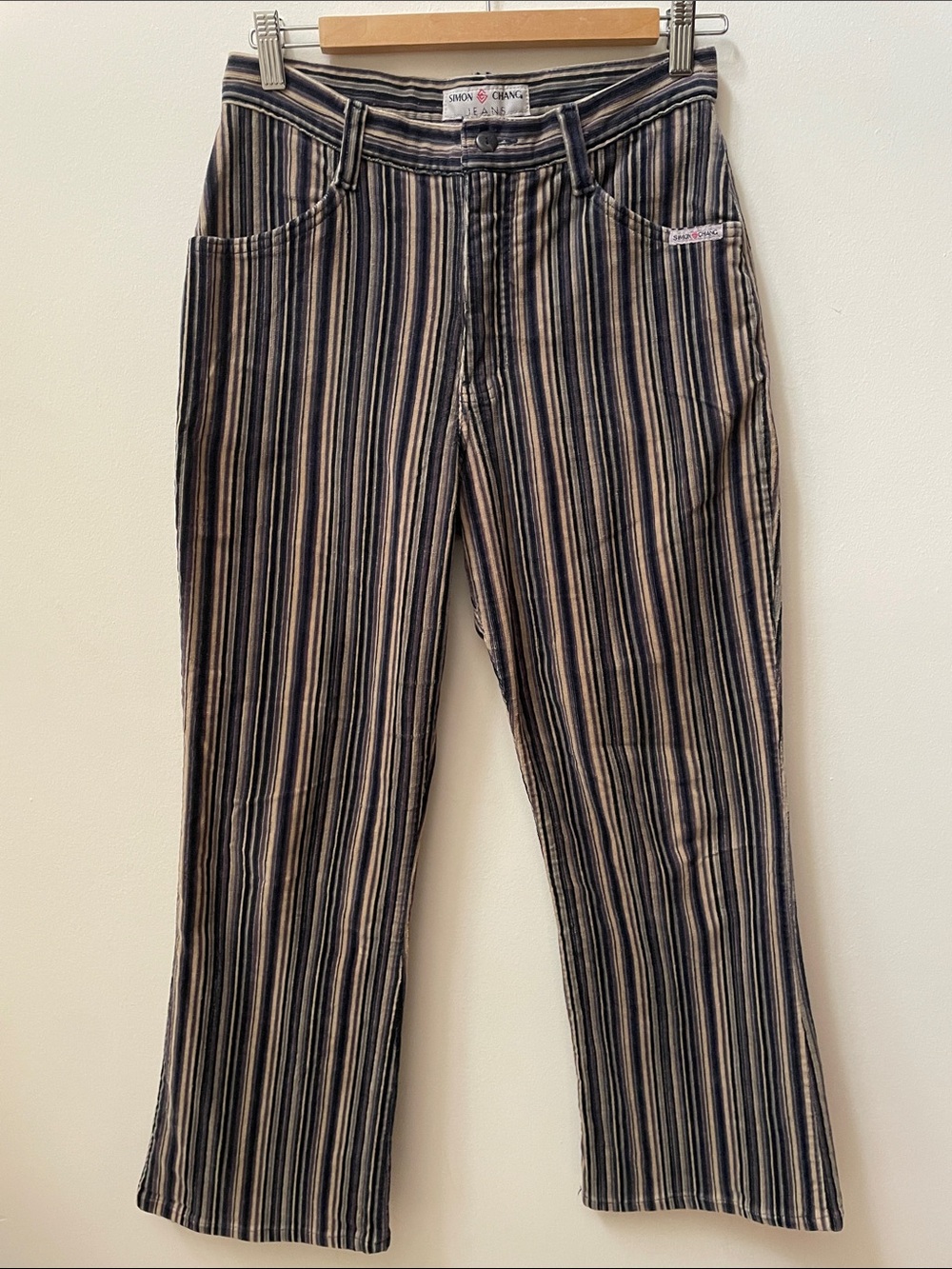Vintage Simon Chang Women's Velvet Striped Flare Cotton Jeans - Blue & Tan